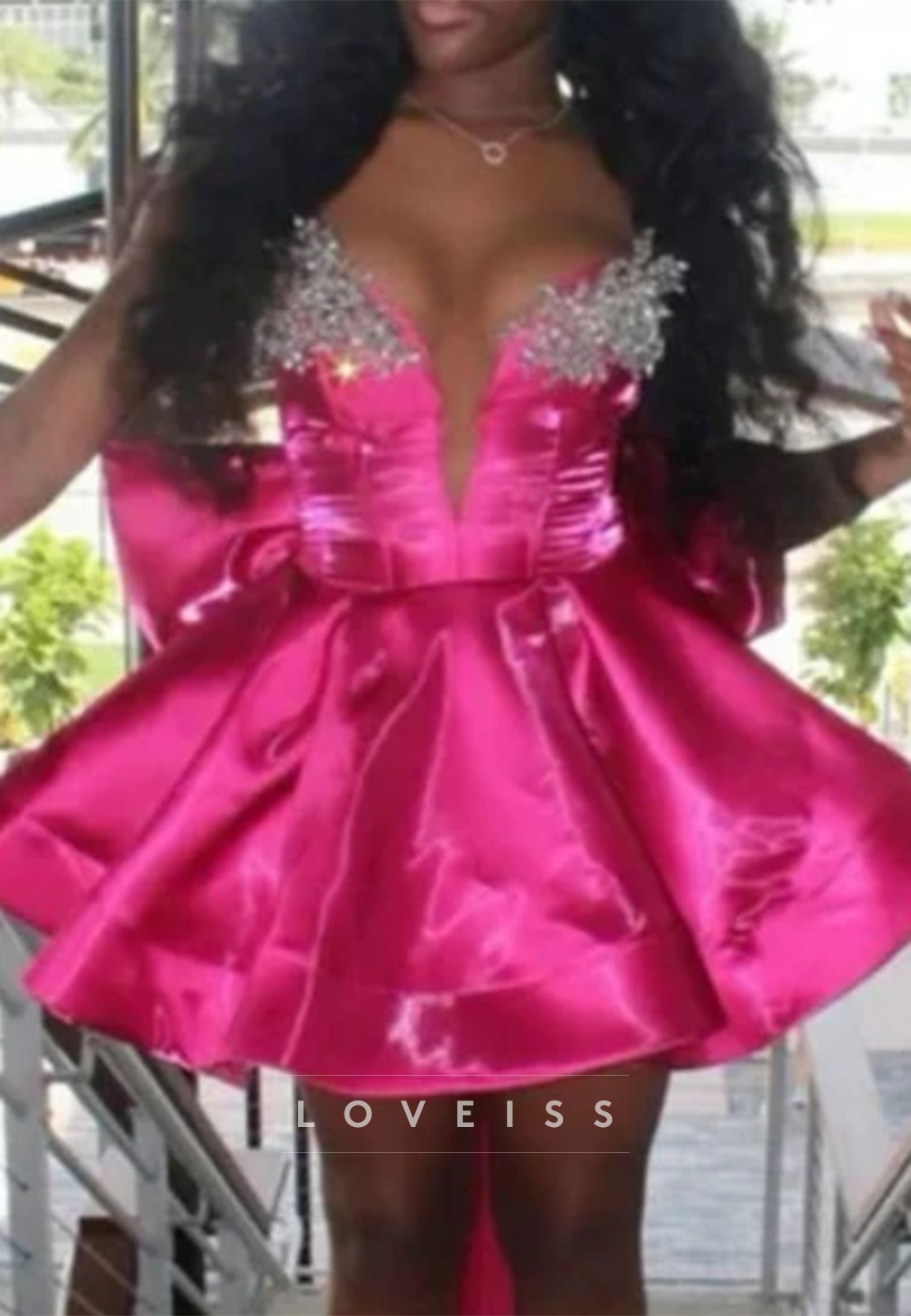 Strapless Satin Mini Dress with Crystal Bust and Back Bow