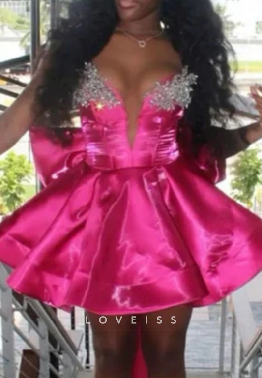 Strapless Satin Mini Dress with Crystal Bust and Back Bow