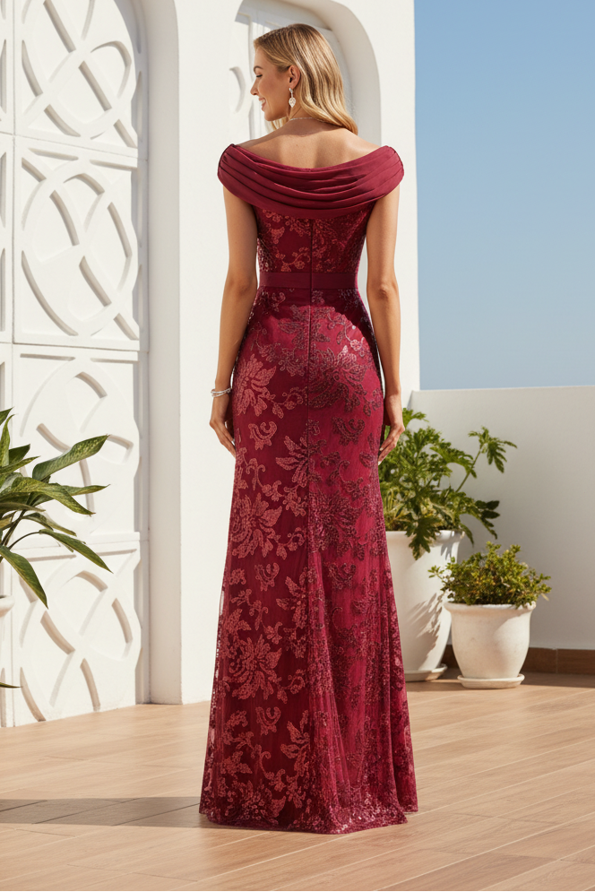 Off-Shoulder Sequin Lace Evening Gown