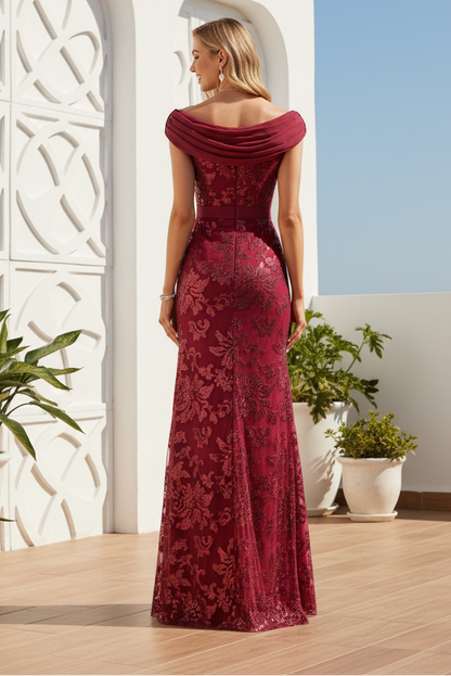Off-Shoulder Sequin Lace Evening Gown