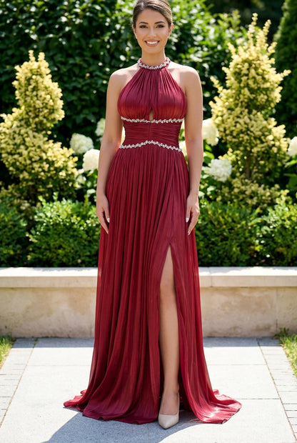 Halter Neck Pleated Evening Gown with Slit