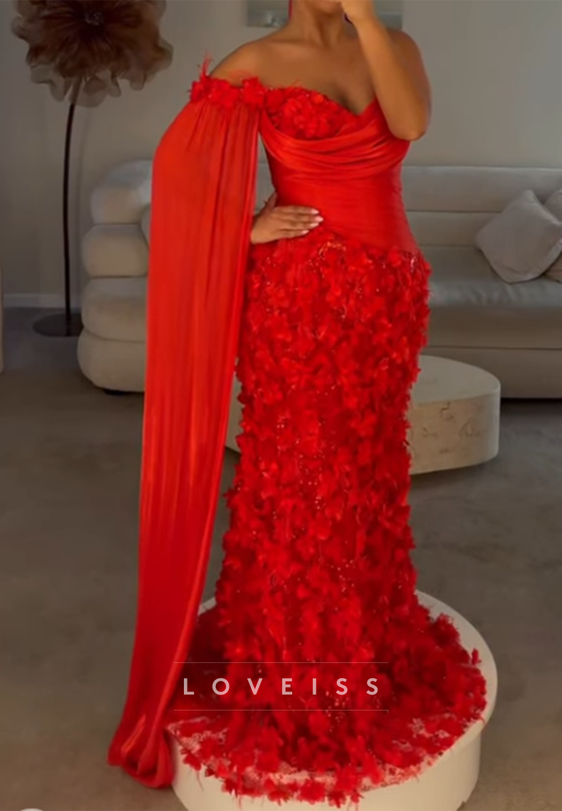 Asymmetrical 3D Floral Mermaid Evening Gown