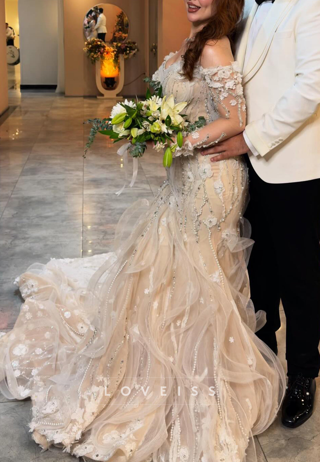 Beaded Pearl Mermaid Bridal Gown with 3D Florals