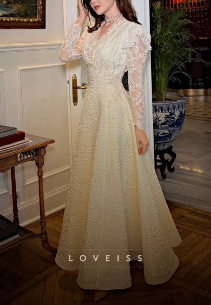 High Neck Lace Sleeve A-Line Formal Dress