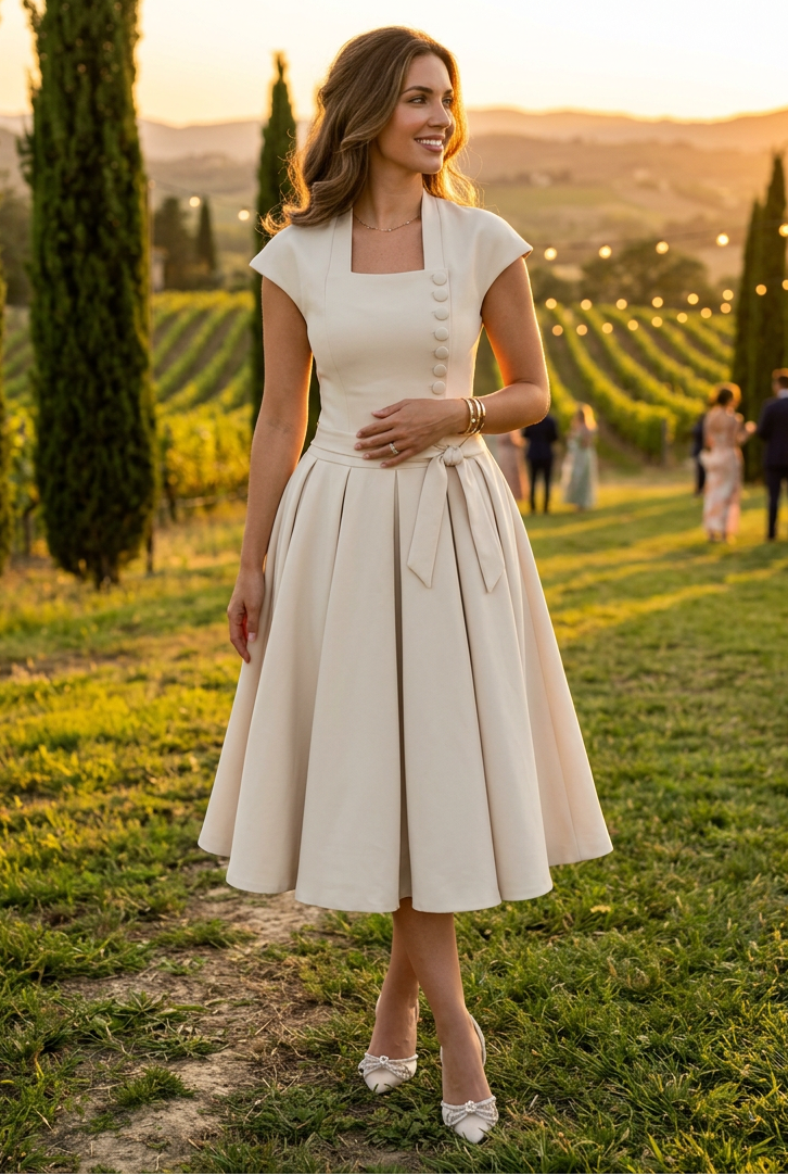 Square Neck Asymmetric Button Midi Dress