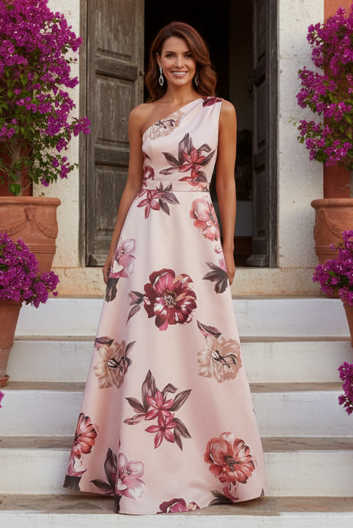 One-Shoulder Floral Print A-Line Maxi Dress with Pockets