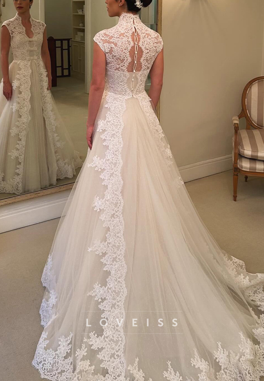Lace Applique A-Line Wedding Gown with Cap Sleeves