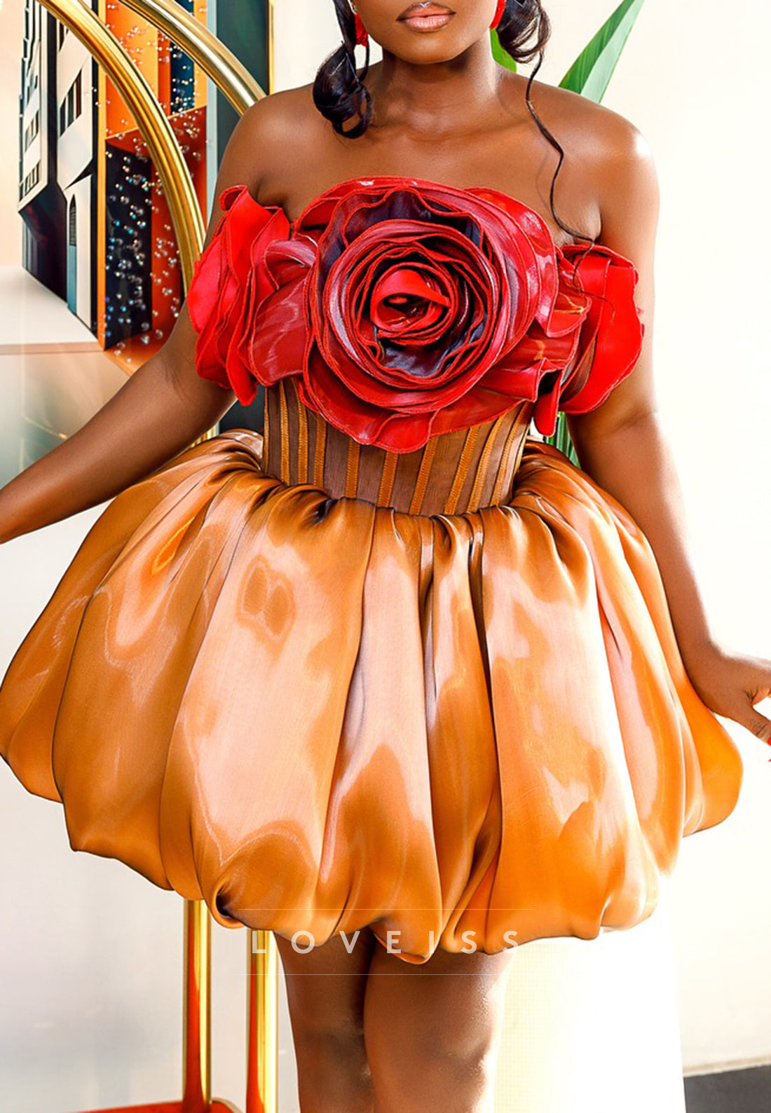 3D Rose Applique Corset Bubble Hem Mini Dress