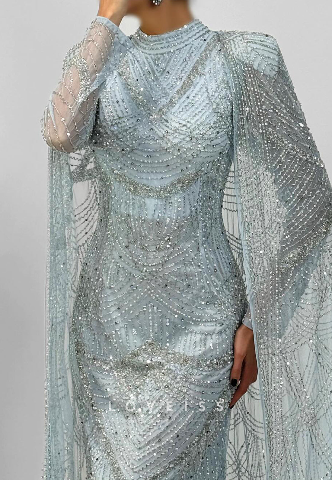 Beaded High Neck Evening Gown with Cape