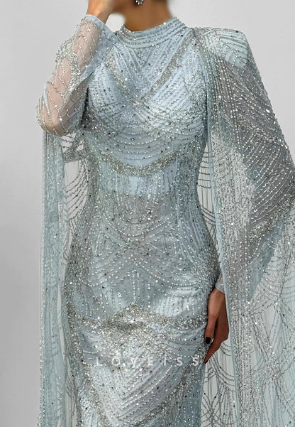 Beaded High Neck Evening Gown with Cape