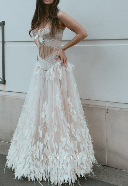 Strapless Leaf Appliqué Tulle Wedding Dress
