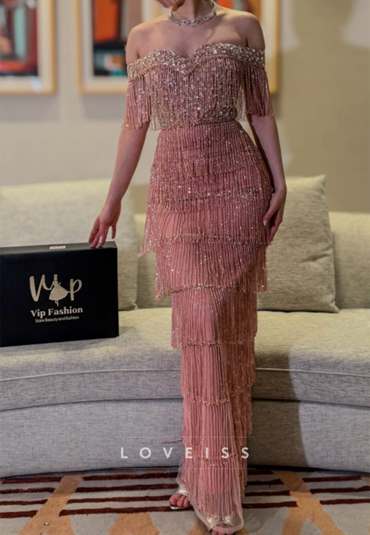 Off-the-Shoulder Beaded Fringe Tiered Gown