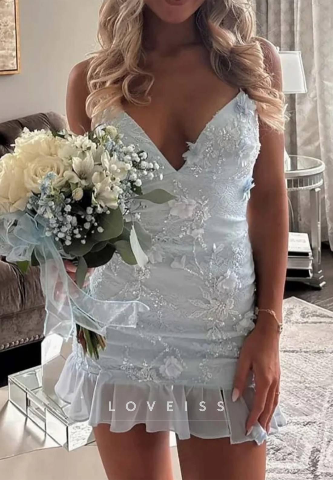 Plunging V-Neck Lace 3D Floral Mini Dress