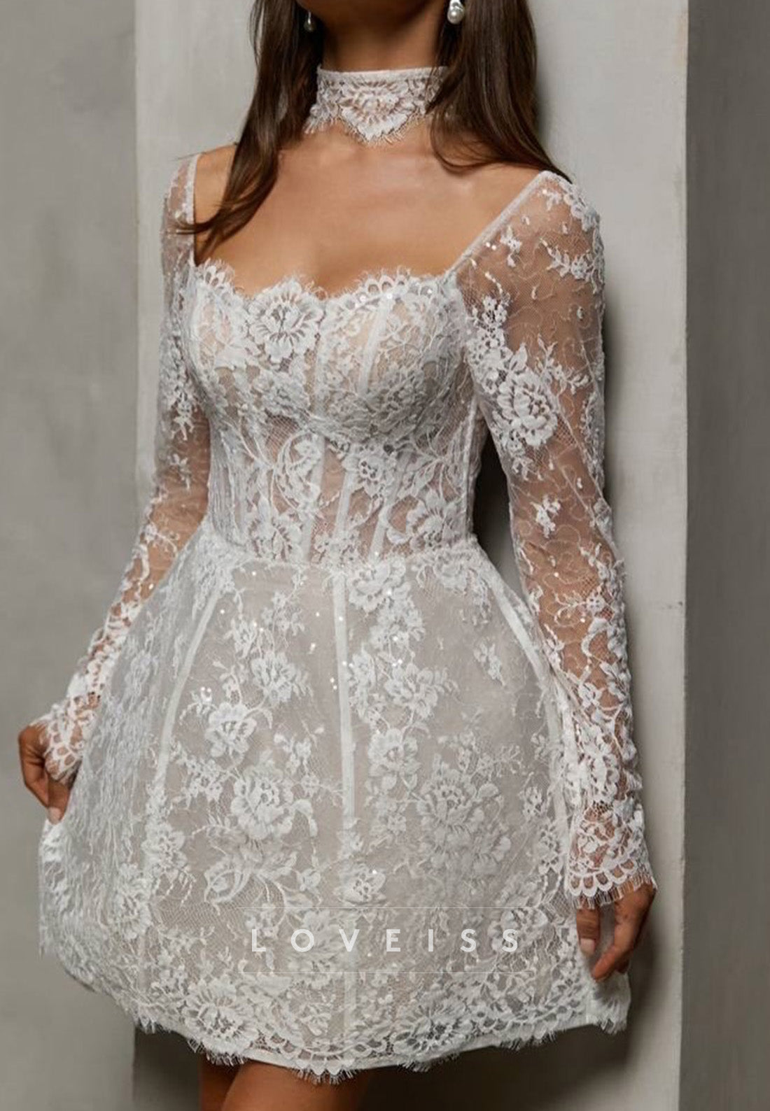 Corset Lace Mini Dress with Long Sleeves