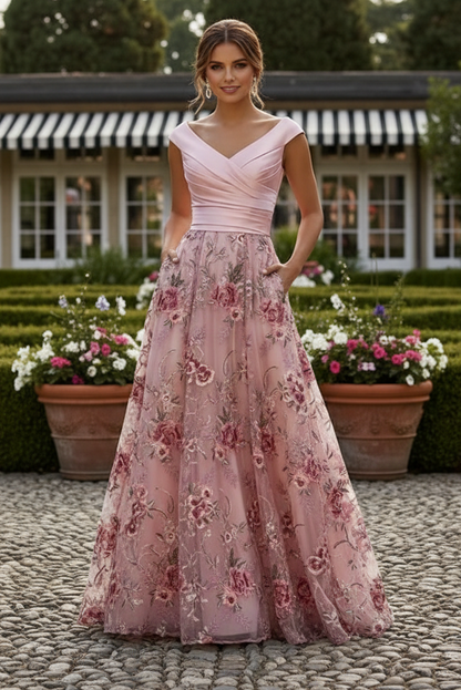 Off Shoulder Floral A-Line Evening Gown with Pockets
