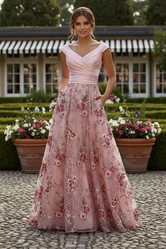 Off Shoulder Floral A-Line Evening Gown with Pockets
