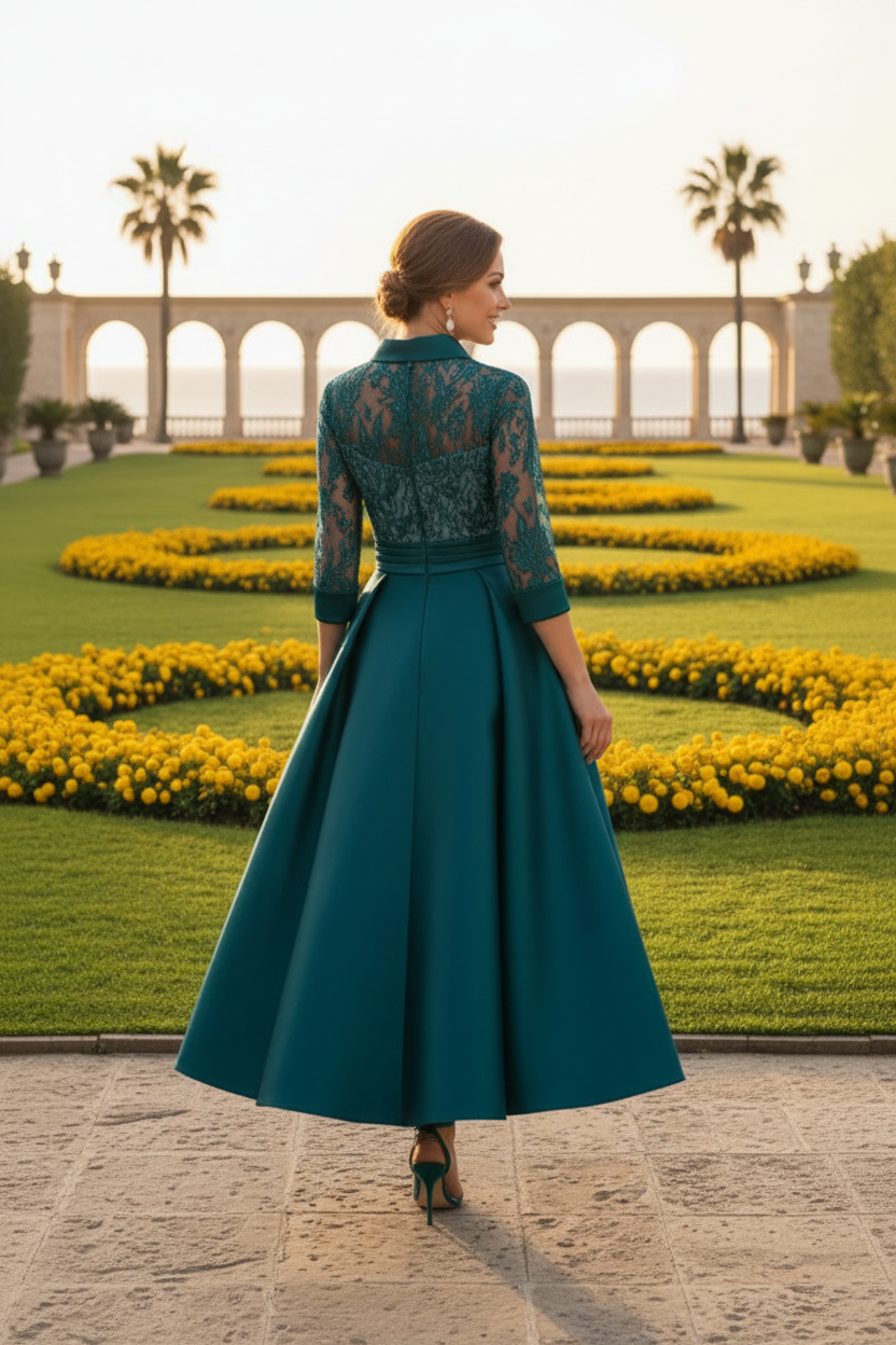 Lace Bodice A-Line Satin Evening Gown