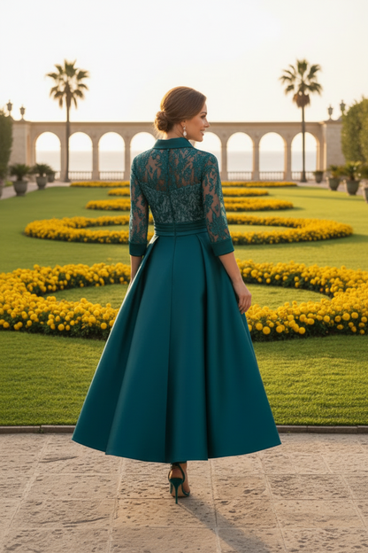 Lace Bodice A-Line Satin Evening Gown