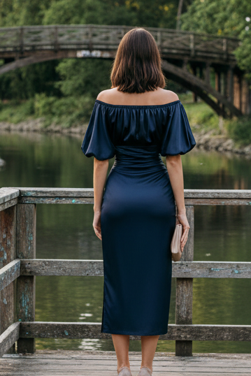 Off-the-Shoulder Satin Puff Sleeve Midi Dress