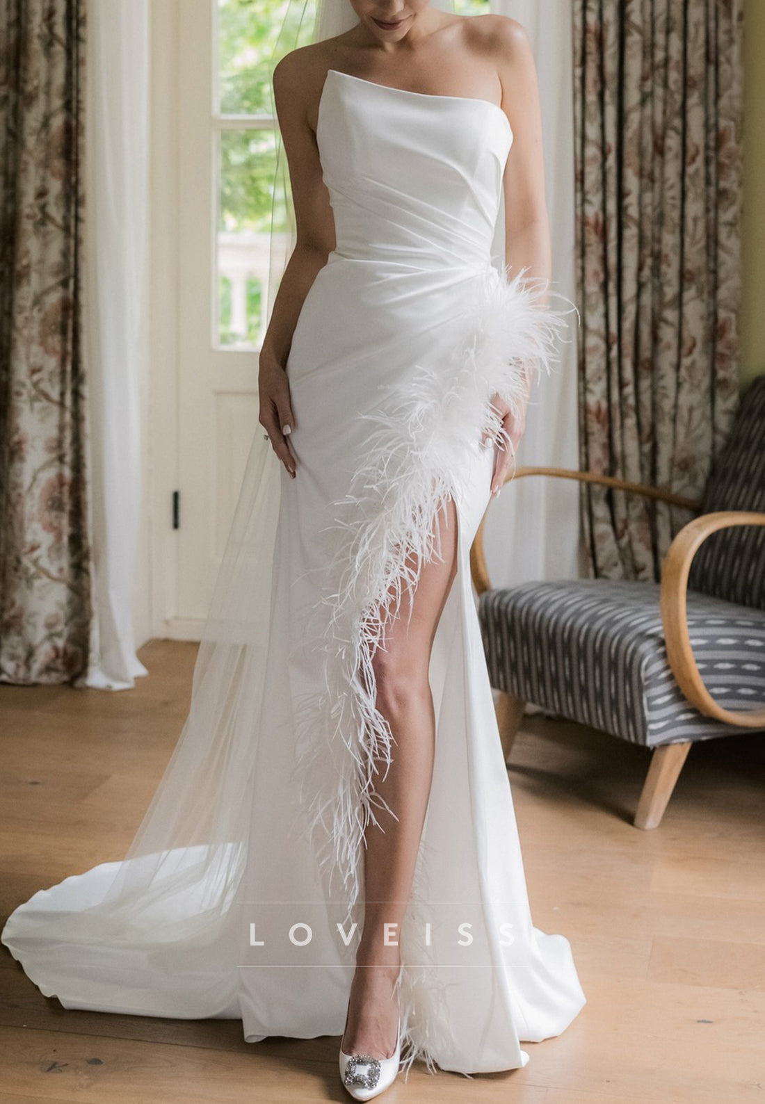 One Shoulder Feather Trim Satin Sheath Wedding Dress