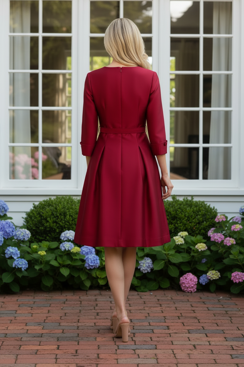 Square Neck Button-Front A-Line Dress with Belt