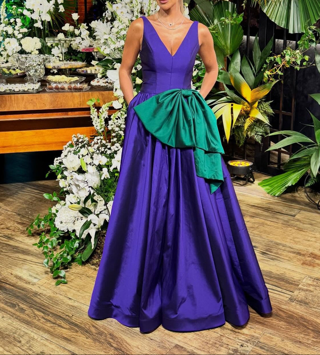 A-Line Evening Gown with Bow Accent and Pockets