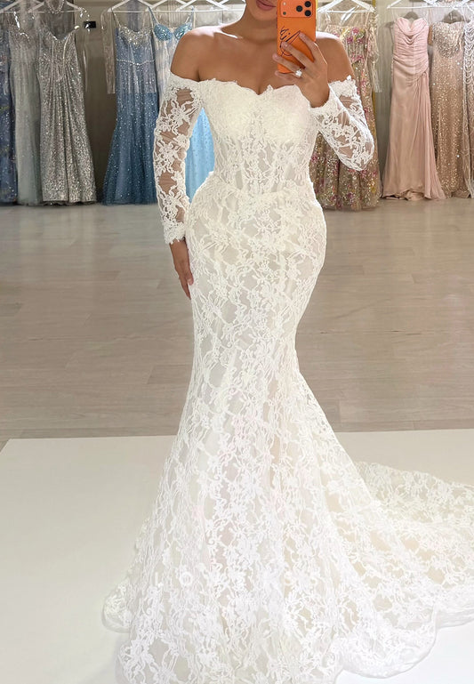 Off Shoulder Long Sleeve Lace Mermaid Wedding Dress