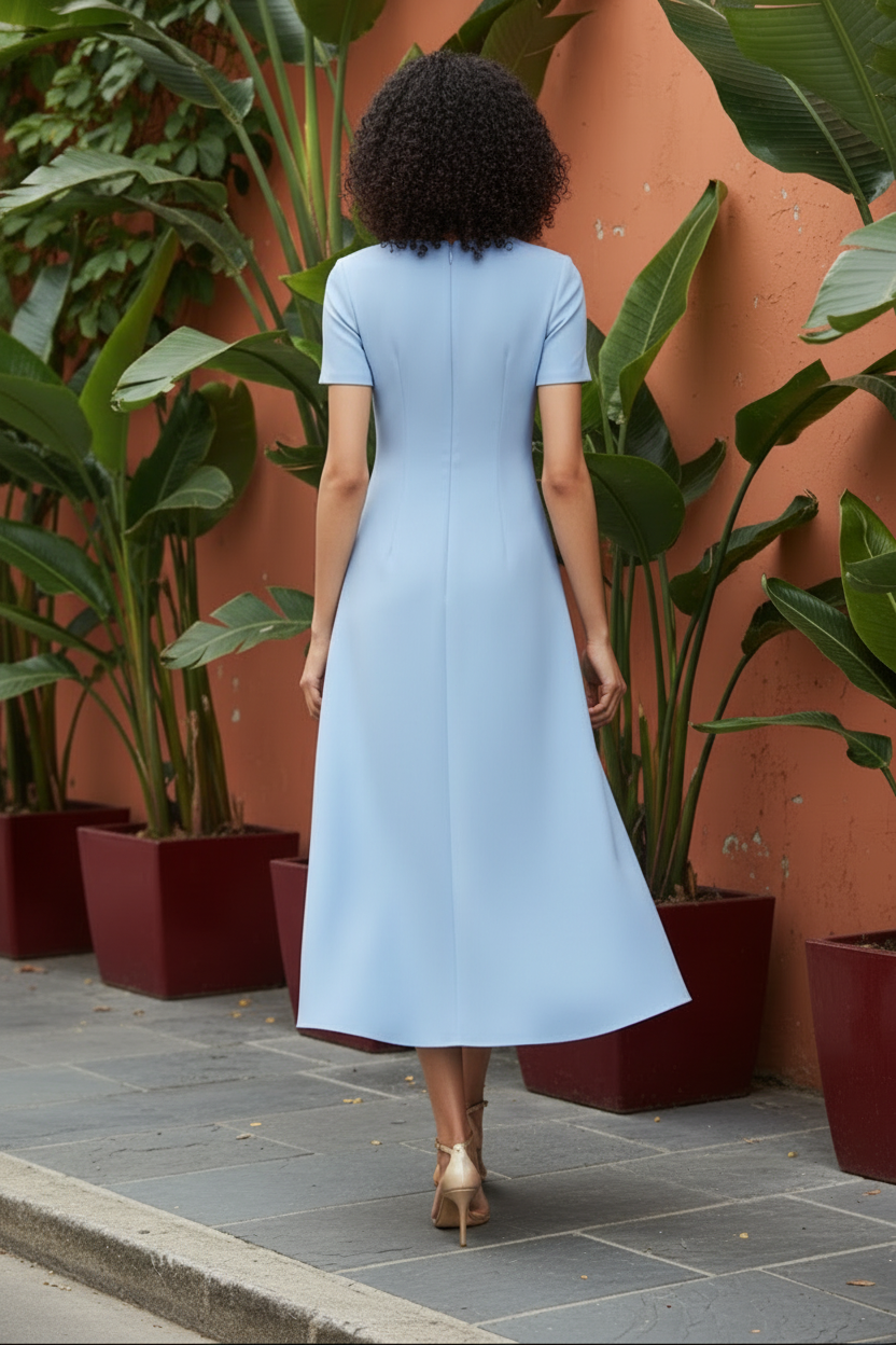Bow Neck Short Sleeve Midi A-Line Dress