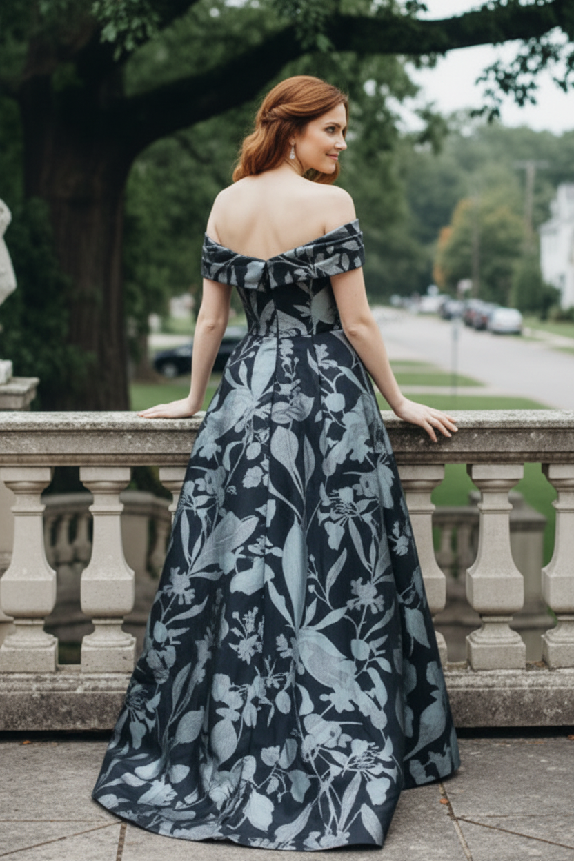 Off-the-Shoulder Floral Jacquard Column Gown