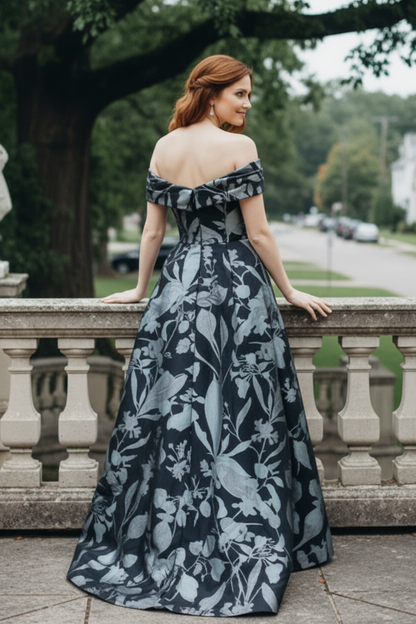 Off-the-Shoulder Floral Jacquard Column Gown