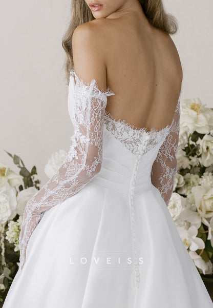 Off Shoulder Lace Sleeve A-Line Wedding Dress with Train