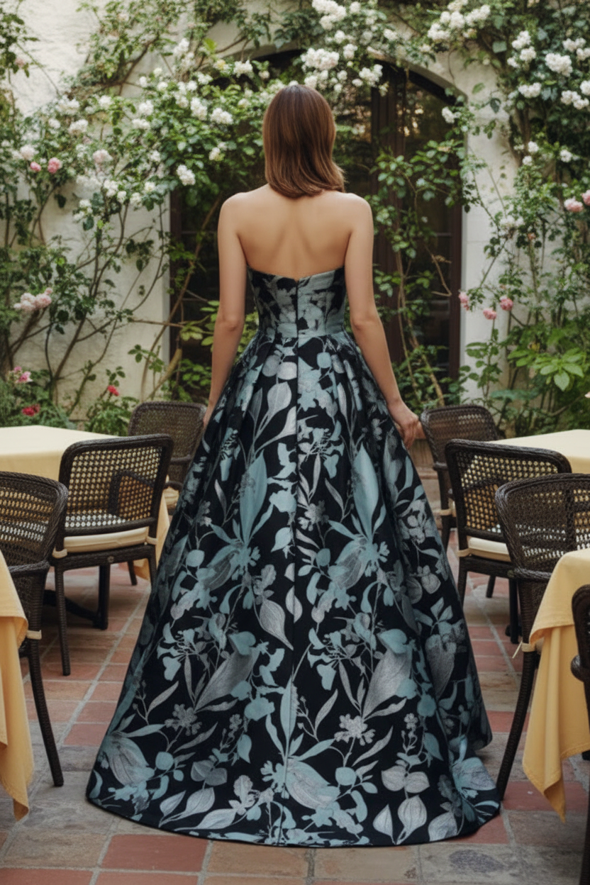 Strapless Floral Jacquard A-Line Evening Gown