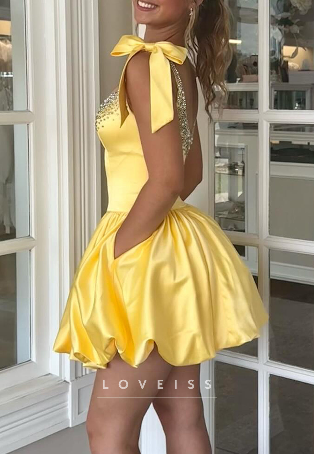 Beaded Satin Bubble Skirt Mini Dress with Shoulder Bows