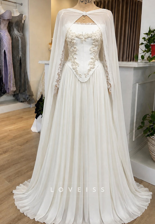 Long Sleeve A-Line Wedding Dress with Chiffon Cape