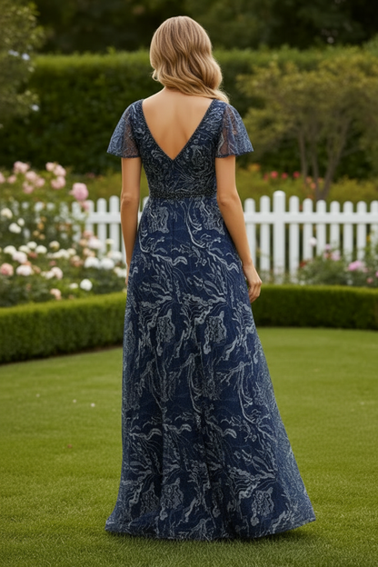 Flutter Sleeve Beaded Sequin Print Evening Gown