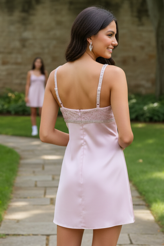 Beaded Bust Satin Mini Slip Dress