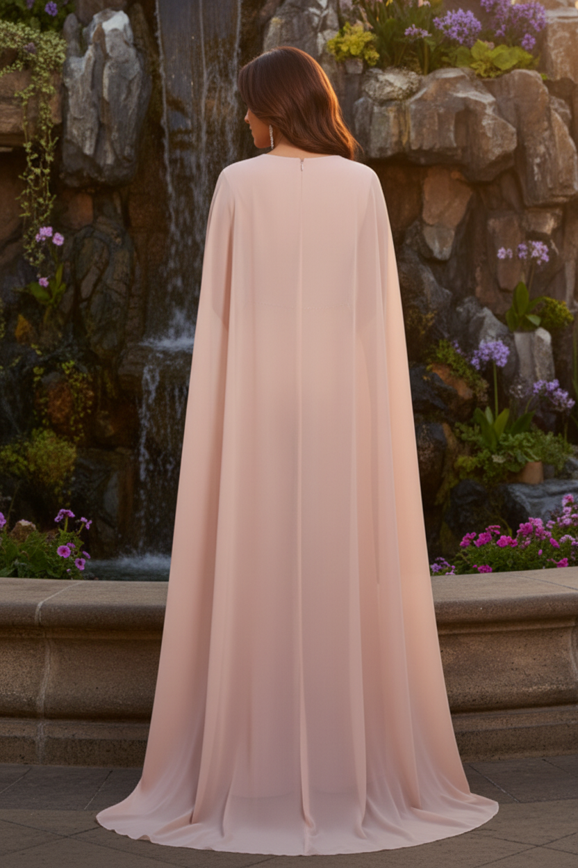High Neck Jumpsuit with Chiffon Cape and 3D Flowers