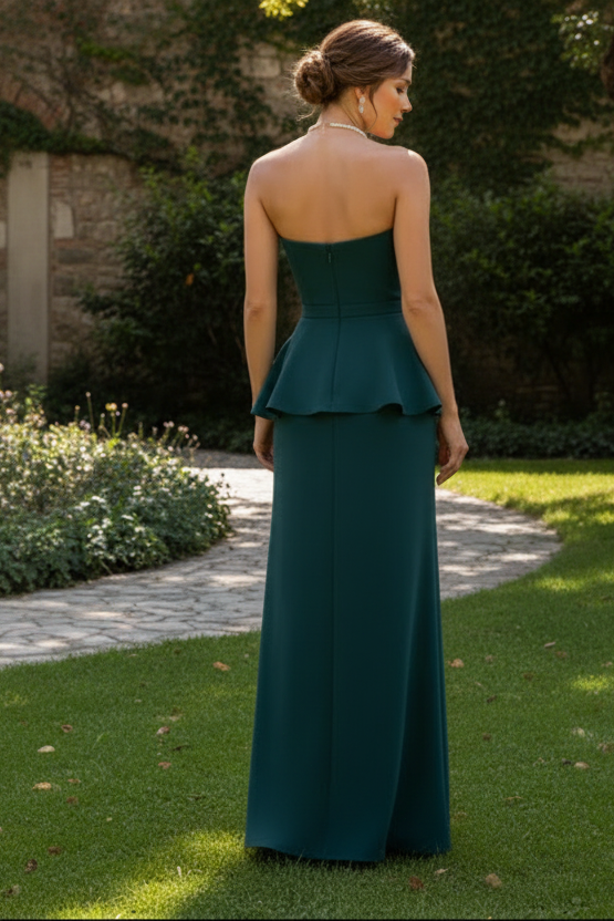 Strapless Peplum Gown with Slit and Bow Belt