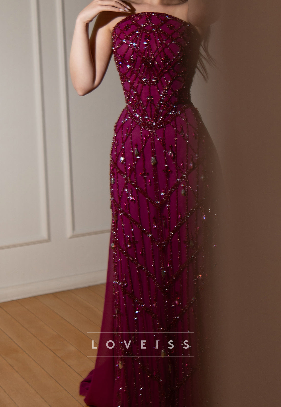 Strapless Crystal Beaded Evening Gown with Train