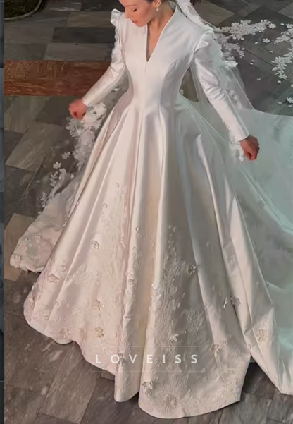 Long Sleeve V-Neck Satin Ball Gown Wedding Dress