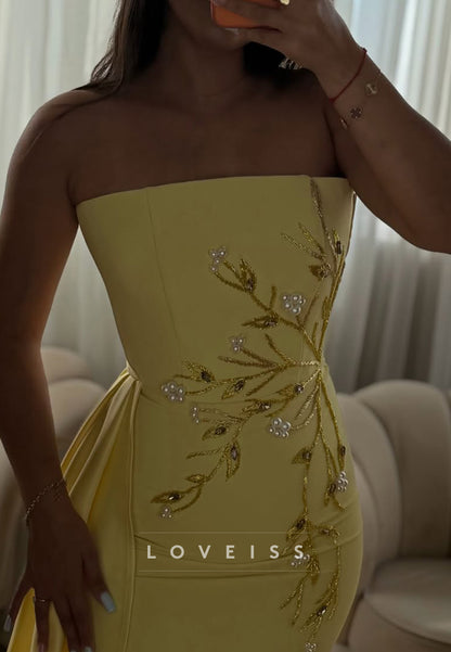Strapless Beaded Column Gown with Side Drape