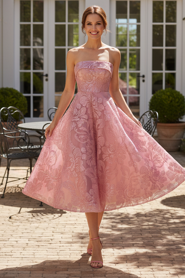 Strapless Sequin Floral Lace Midi Dress