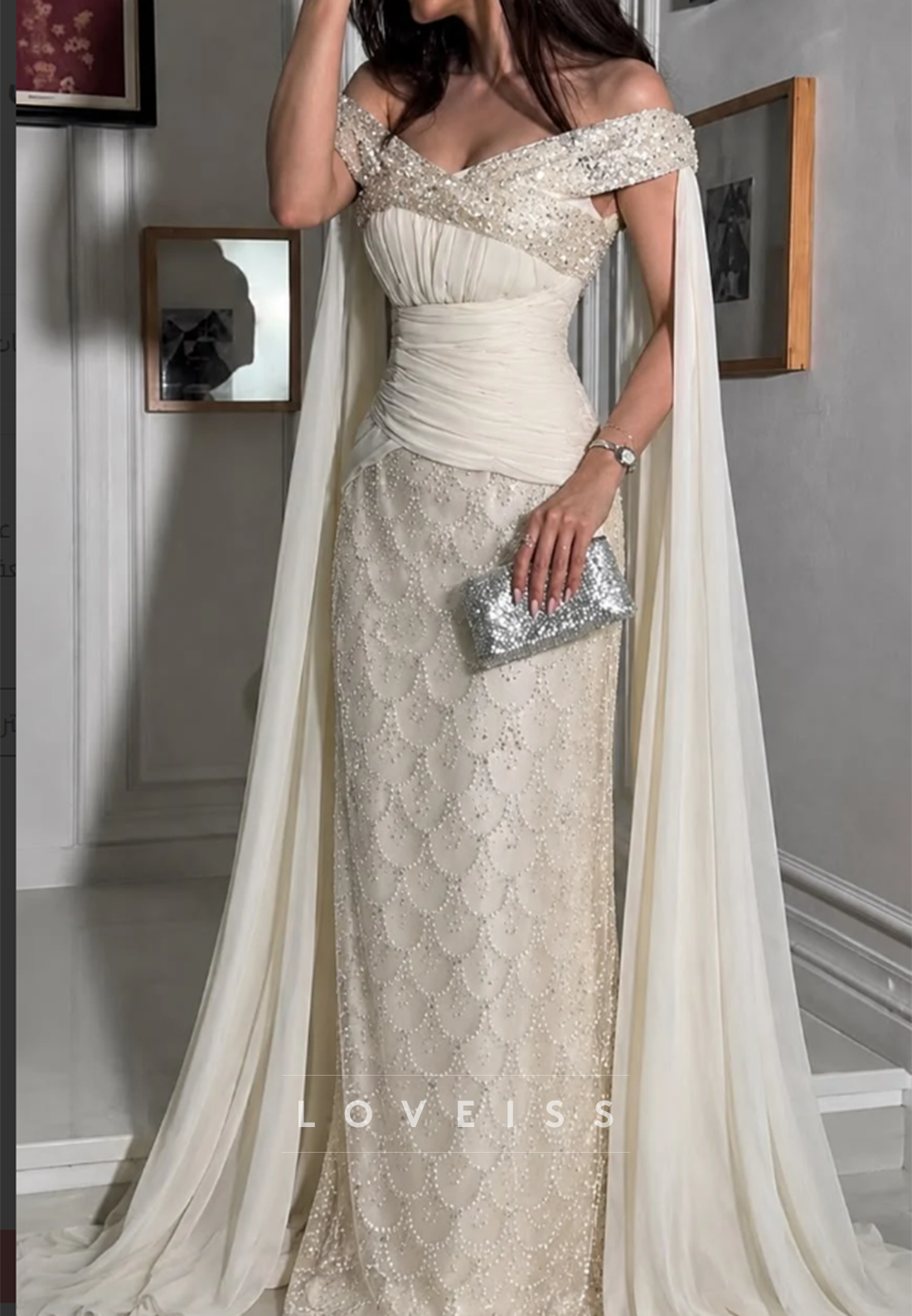 Off-the-Shoulder Beaded Cape Column Gown