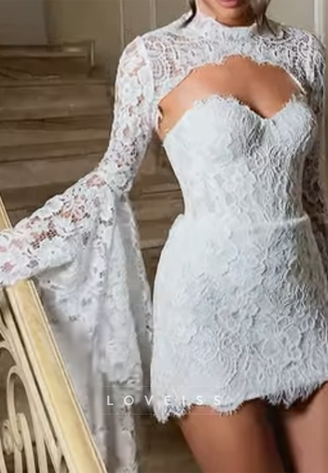 Lace Mini Dress with Bell Sleeves and Cut-Out