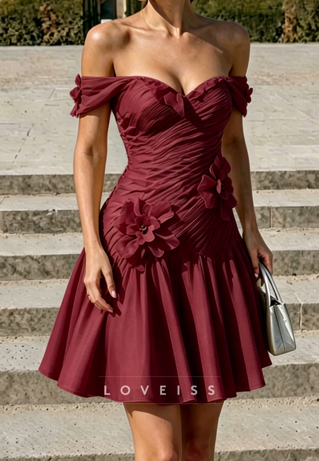 Off-the-Shoulder Ruched A-Line Dress with 3D Flowers