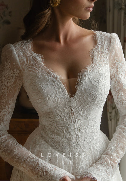 Long Sleeve Lace A-Line Wedding Gown with Train