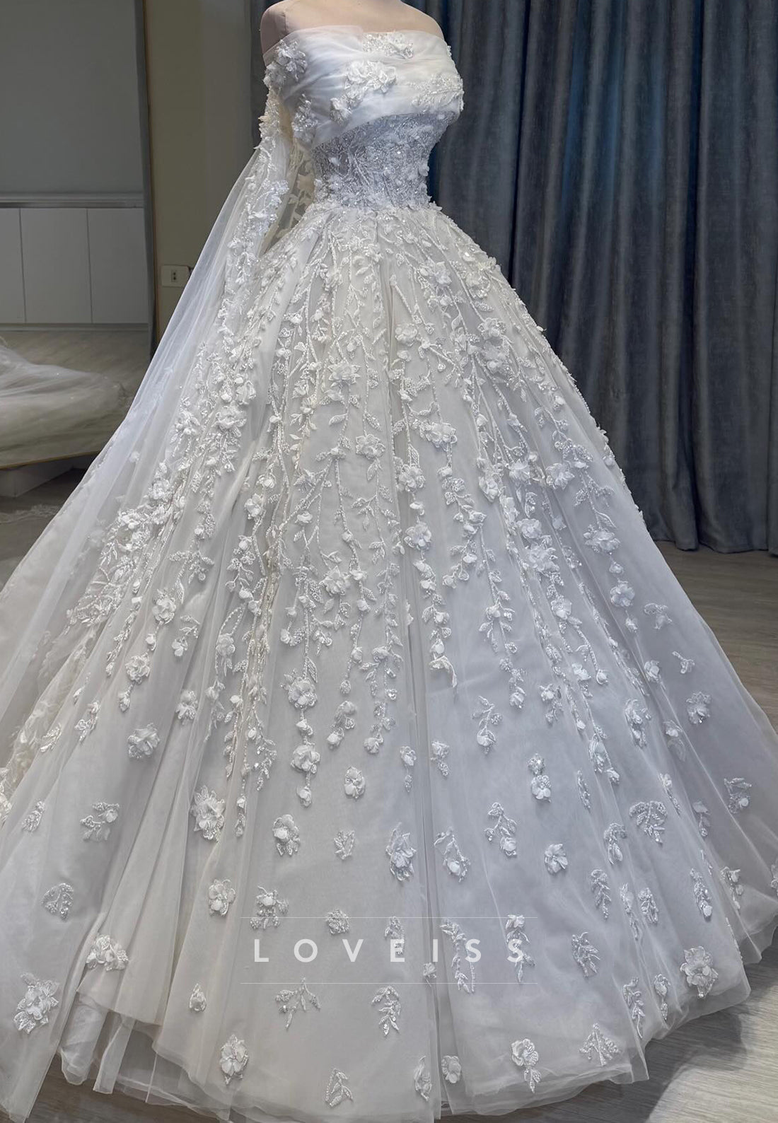 Off-the-Shoulder 3D Floral Lace Ball Gown Wedding Dress