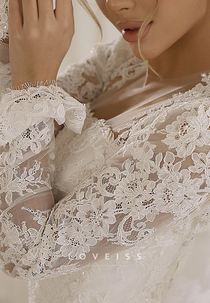 Long Sleeve Lace Ball Gown Wedding Dress with Train