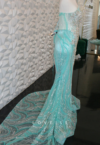 Beaded Mermaid Gown with Swirl Pattern Train