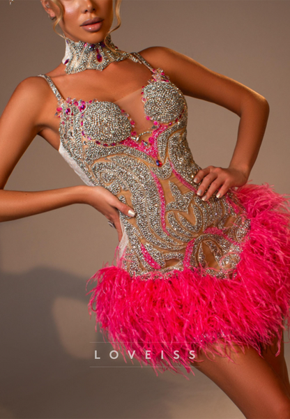 Crystal Beaded Corset Mini Dress with Feather Hem
